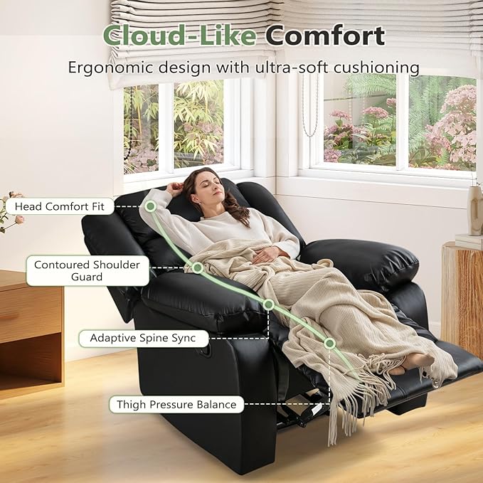 ANJ Black Recliner Chair with Overstuffed Arm and Back, Breathable Faux Leather Manual Reclining Chairs, Living Room Single Sofa Recliners