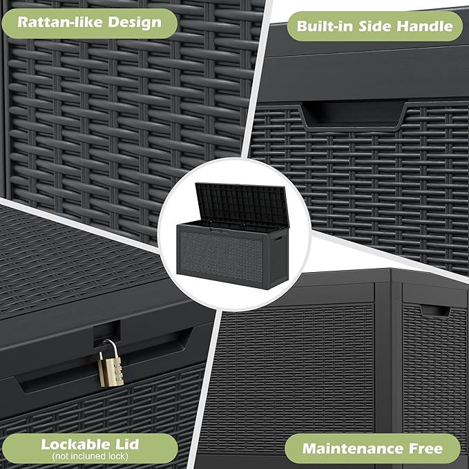 Outdoor Storage Box, Resin Deck Boxes Indoor and outdoor, Waterproof Storage Box Lockable Lid (Black, 70 Gallon)