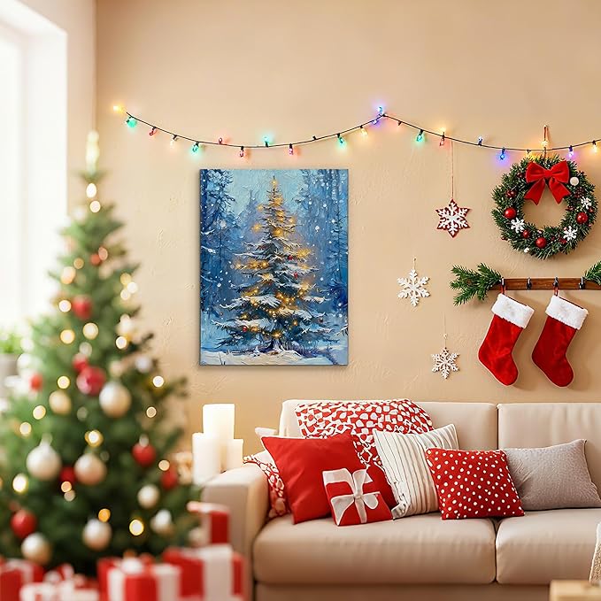 Framed Christmas Pictures Wall Decor,Vintage Pine Tree Prints,Winter Christmas Canvas Wall Art Decoration for Bedroom Bathroom Living Room Rustic Xmas Holiday Gifts (Christmas Tree 1, 16'' X 24'')