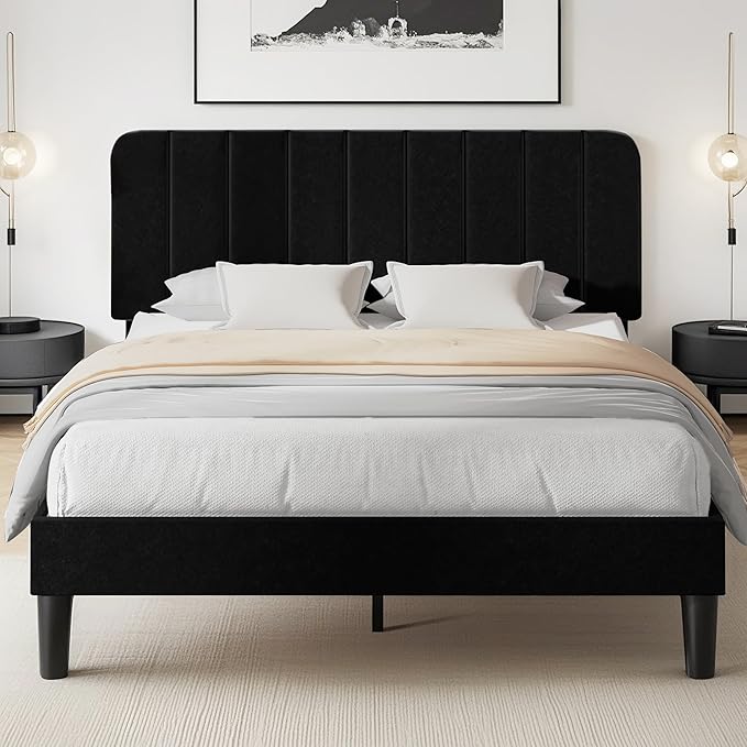 VECELO Full Size Bed Frame with Upholstered Headboard, Velvet Platform Bedframe Mattress Foundation, Strong Wood Slat Support, No Box Spring Needed,Black
