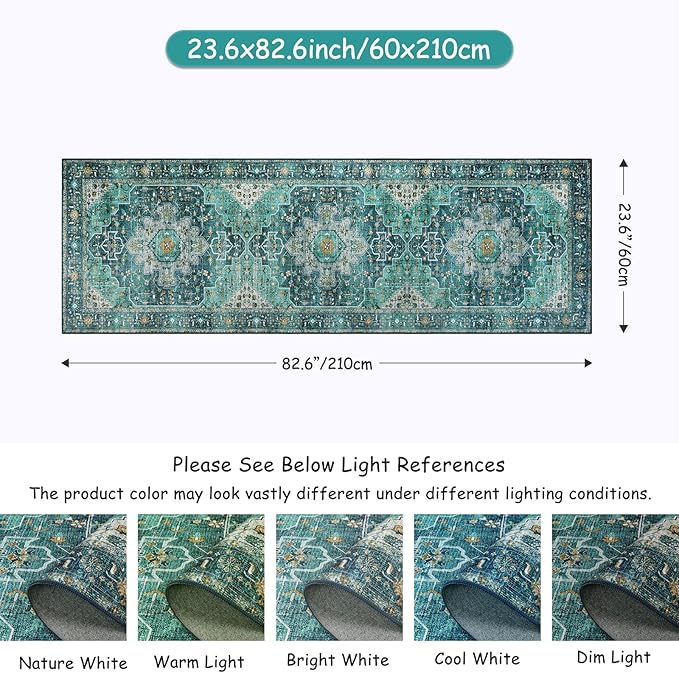 Moynesa Ultra-Thin Washable Runner Rug - 2x7 Teal Hallway Rug Runner Kitchen Carpet Runner, Non Skid Non Shedding Low Pile Bathroom Mat for Apartment Entryway Foyer Vanity RV