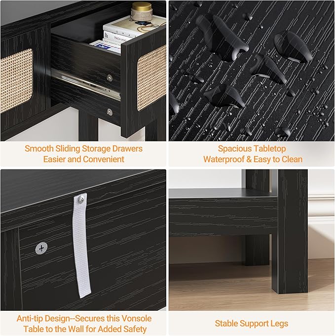ELYKEN 51.2" Black Console Tables for Entryway, Rattan Entryway Table with 3 Drawer & Shelf, Narrow Long Sofa Table for Behind Couch Hallway, Entrance Entry Living Room