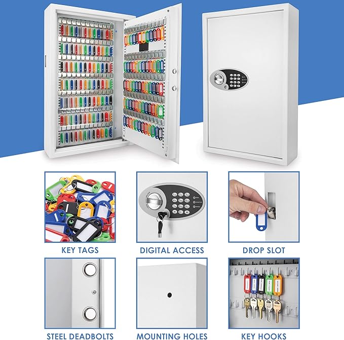 Barska Digital Key Safe Box with Drop Slot – Secure Key Cabinet for Home & Office, PIN Code Access, Backup Keys, Numbered Hooks, Color Tags, Steel Construction – Gray Finish