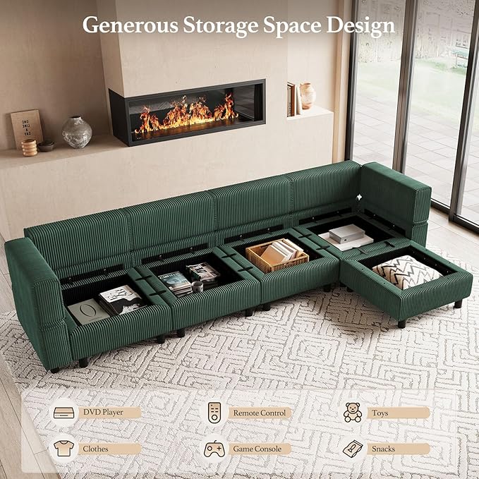 114.2" 5 Seater Modular Sofa with Deep Storage Seat,Corduroy Convertible L Shaped Sectional Couch,Modular Couch with Movable Ottoman Chaise,Upholstered Sectional Couches for Living Room,Green