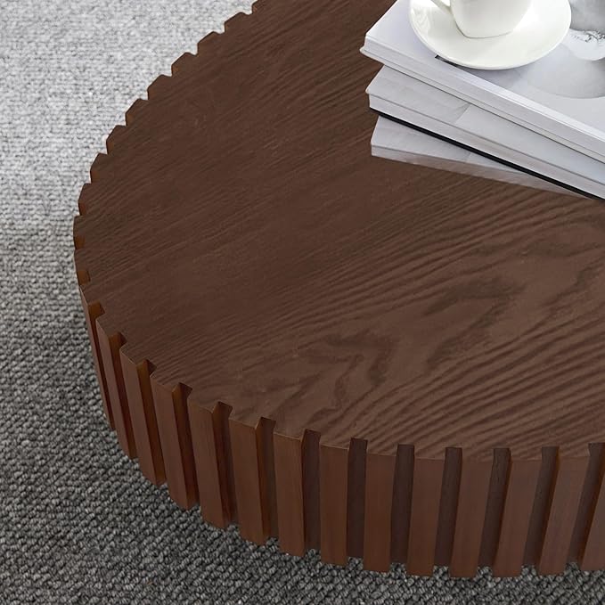 Oval Coffee Tables for Living Room 43.3" Olive-Shaped Fluted Coffee Table with Sturdy Pedestal Modern Wood Drum Coffee Table Contemporary Center Table for Farmhouse Apartment (Oval Walnut)