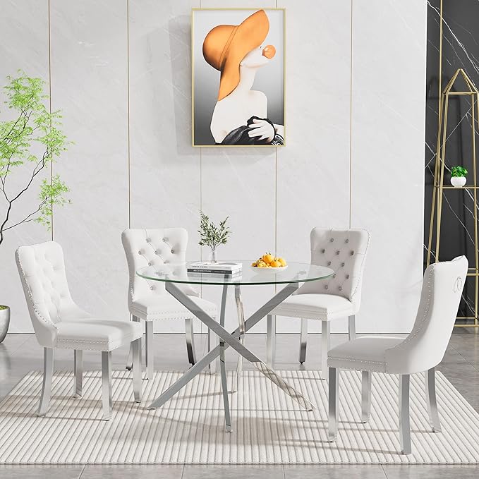 36" Round Glass Dining Room Table for 4 with Tempered Glass Top and Silver Chrome Metal Legs, Modern Clear Kitchen and Dinner Table for Home Office Dining Room