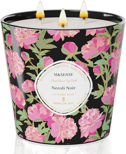 M&SENSE Neroli Noir Scented Candle, 28.2oz 3 Wick Natural Soy Wax Large Candles, Long Lasting Clean Slow Burning No Toxic Décor for Home Relaxation, Romantic Dates & Gift-Giving