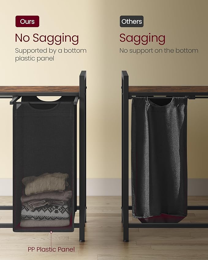 VASAGLE Laundry Hamper, Laundry Basket, Laundry Sorter with 4 Pull-Out and Removable Bags, Shelf, Metal Frame, 4 x 10.6 Gallons (40 L), 45.7 x 13 x 28.4 Inches, Ink Black and Rustic Brown UBLH401B01