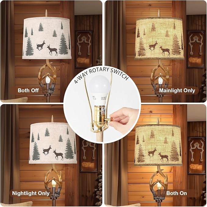 Scenekoy Rustic Farmhouse Antlers Floor Lamp with Nightlight Brown Finish Round Shade Lamps for Living Room Bedroom Office Study House