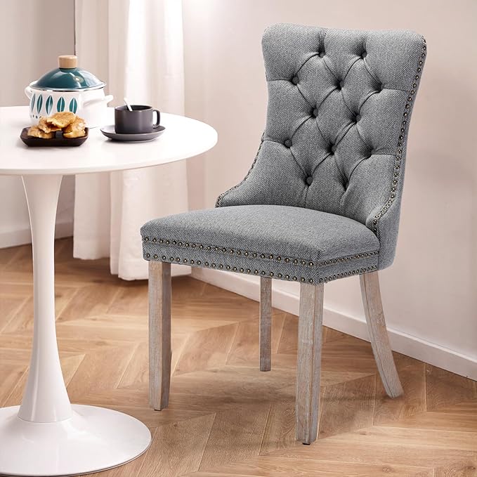 SoarFlash Kitchen Table and Chairs for 2, 31.5" Dining Table Set for 2 with Linen Upholstered Chairs, 3 Piece Round Kitchen Table Set, Dining Room Table Set for Small Space, Apartment, Grey/White