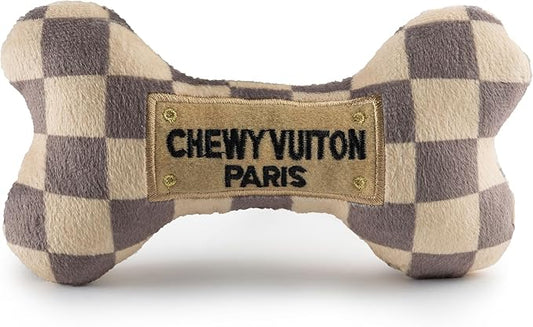 Haute Diggity Dog Checker Chewy Vuiton Bone, Plush Designer Dog Toys with Interactive Squeaker, Stimulating Pet Enrichment, Machine-Washable & Safe Materials for All Breeds, Size Medium