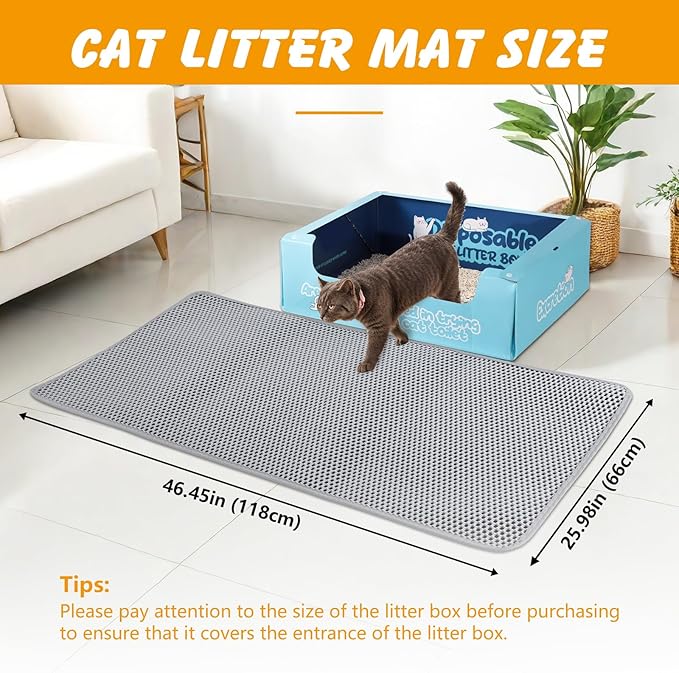 Large Cat Litter Mat, 46x26 Inch Double Layer Litters Box Mat, Waterproof Cat Mat for Litter Box(Gray)