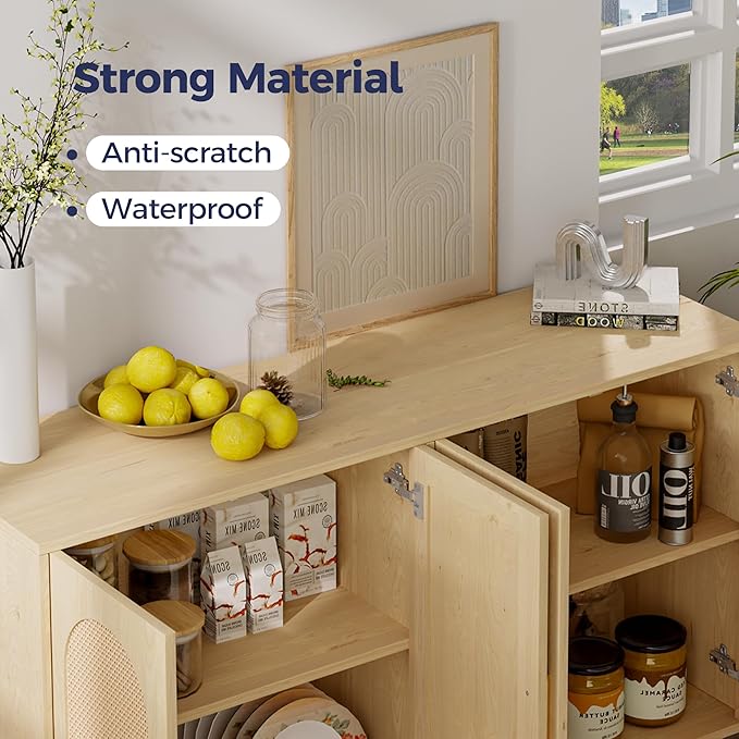4-Door Rattan Sideboard Buffet Cabinet, 47" Large Storage Cabinet with Shleves, Wood Modern Accent Credenza Kitchen Table for Dining Room, Living Room & Entryway, Natural