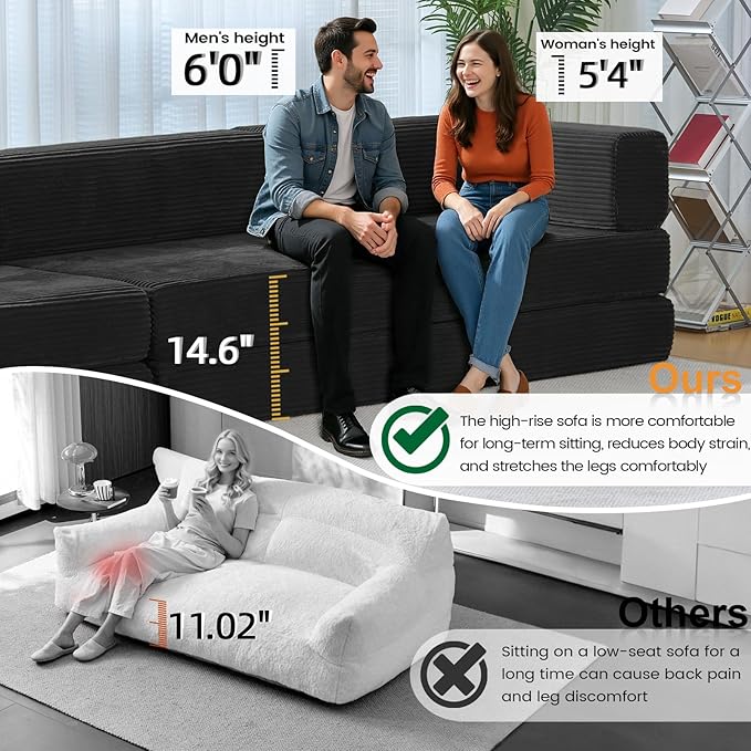 Folding Sofa Bed Convertable Corduroy Couch King Size Floor Sleeper 4-in-1 DIY Combination Modular Sofa Fold Out Futon Lounge Comfy Foldable Lazy cama for Living Room (Black)