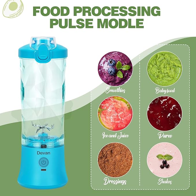Portable Blender,270 Watt for Shakes and Smoothies Waterproof USB Rechargeable with 20 oz BPA Free and a Travel Lid. (Blue, 20 oz)
