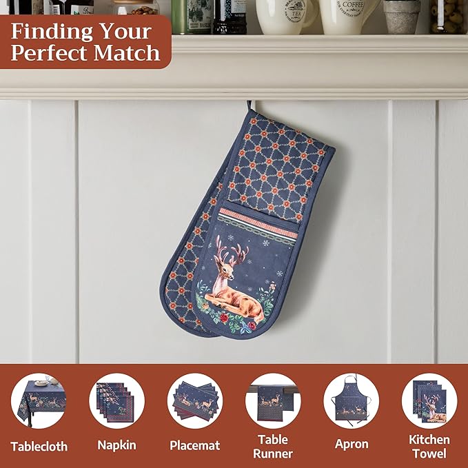 Maison d' Hermine Double Oven Mitt (7" x 35") 100% Cotton Heat Resistant BBQ Cooking Gloves with Loop for Thanksgiving Christmas Decorations Baking Cooking Barbeque Handling Hot Pan (Christmas Joy)