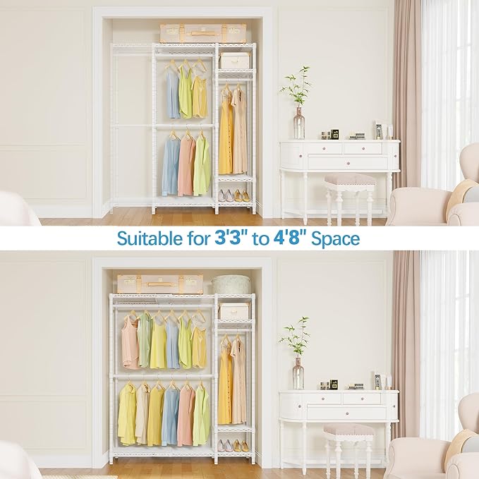 VIPEK X20 Expandable Metal Clothing Rack Adjustable from 3'3" to 4'8" Heavy Duty Garment Racks with Adjustable Shelves and Hanger Rods Portable Wardrobe Open Closet Rack System, White