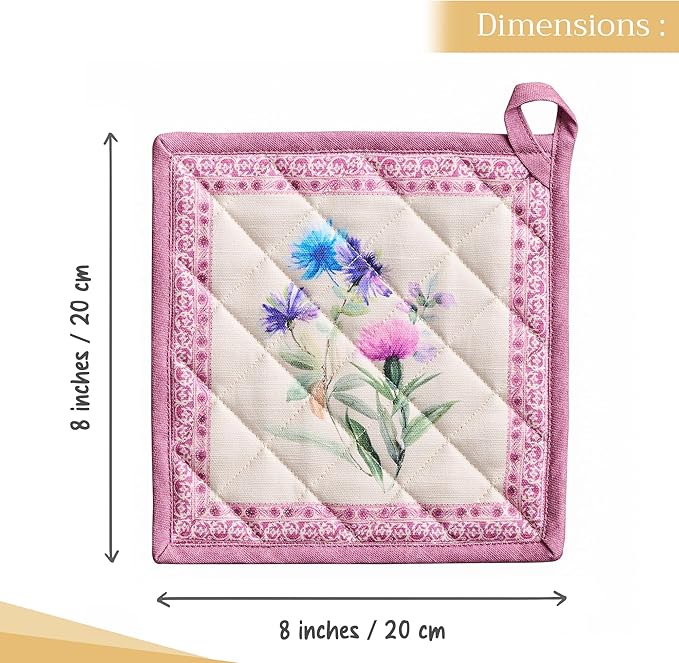 Maison d' Hermine Pot Holders Set 100% Cotton Heat Resistant Potholders 8" x 8" Hot Pads with Loop BBQ, Cooking, Baking, Grilling, Kitchen, Handling Hot Pans Spring/Summer (Pack of 2, Chardon)