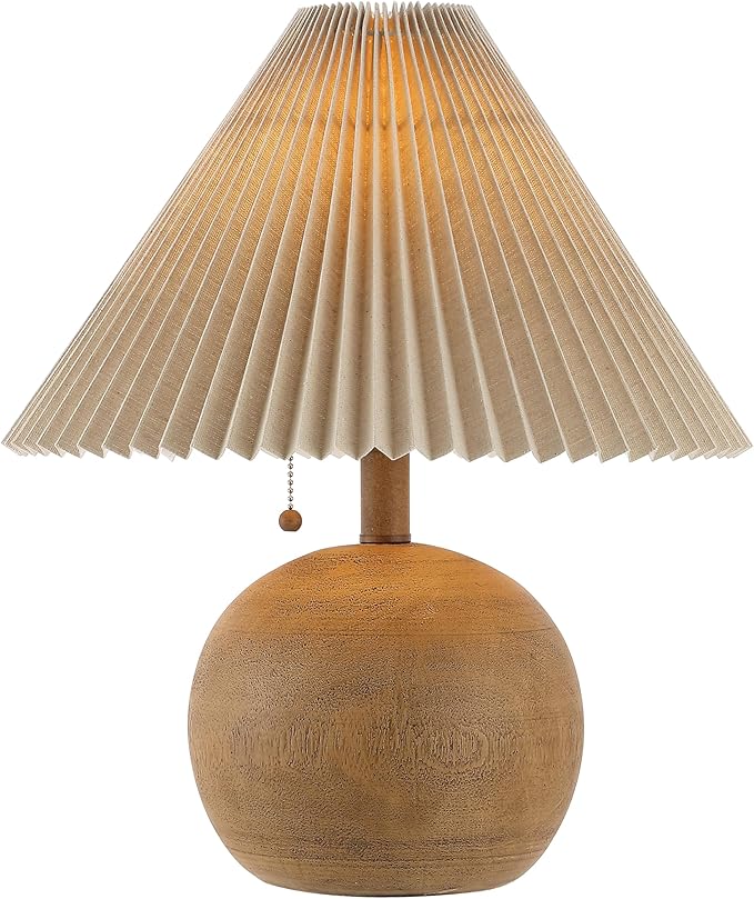 JONATHAN Y JYL1145A Aksel 17.25" Coastal Scandinavian Resin/Iron Sphere LED Table Lamp with Pleated Shade and Pull Chain, Brown Wood Finish/Beige, for Entry Console, Bedroom, Living Room