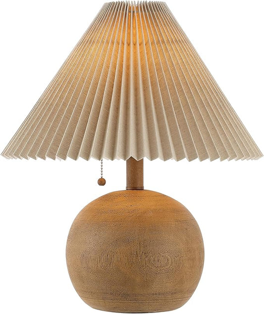 JONATHAN Y JYL1145A Aksel 17.25" Coastal Scandinavian Resin/Iron Sphere LED Table Lamp with Pleated Shade and Pull Chain, Brown Wood Finish/Beige, for Entry Console, Bedroom, Living Room