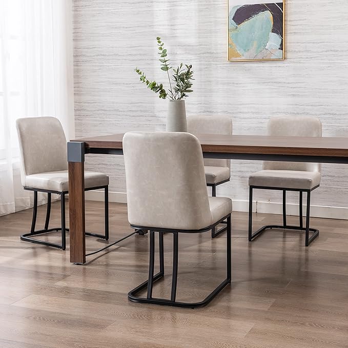 Grey PU Leather Dining Chairs Set of 2 Mid Century Modern Comfortable Dining Room Chair with Curved Backrest, Upholstered Kitchen Side Chairs with Black Metal Legs