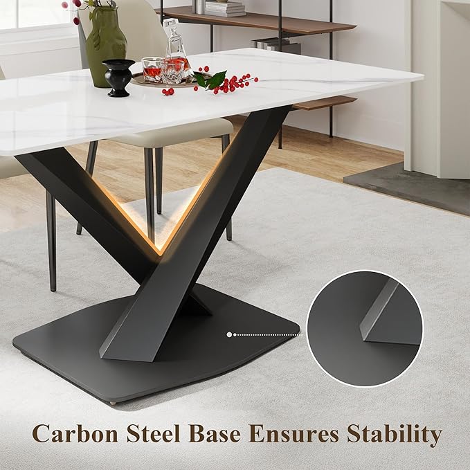 63" Modern Dining Table for 4-6 People, White Sintered Stone Table Top with X-Shape Carbon Steel Pedestal, Large Rectangular Table for Kitchen Living Room