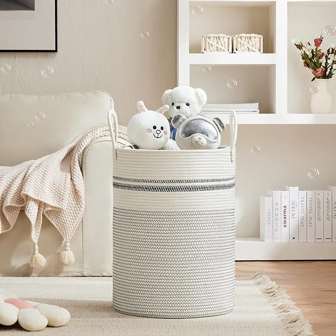 VIPOSCO Large Laundry Hamper, Tall Woven Rope Storage Basket for Blanket, Toys, Dirty Clothes in Living Room, Bathroom, Bedroom - 100L Stripe White
