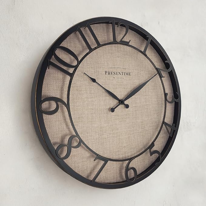 Presentime & Co 21" Farmhouse Series Wall Clock, Cottage Style, Faux Burlap, Oil Rubbed Antique Bronze Finish. Wall Décor for Living Room, Dining Room, and entryway.