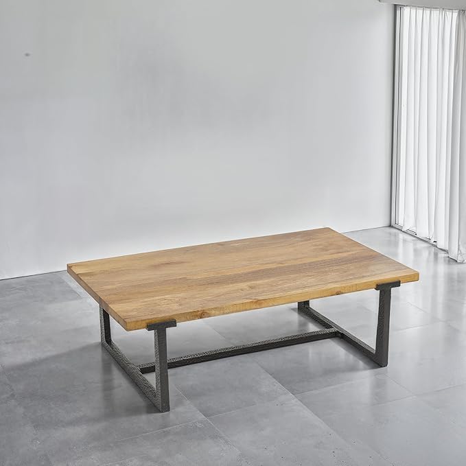 The Urban Port Marlon 48" Coffee Table | Handmade Aluminum Cast Frame | Natural Solid Mango Wood Top, Black and Brown