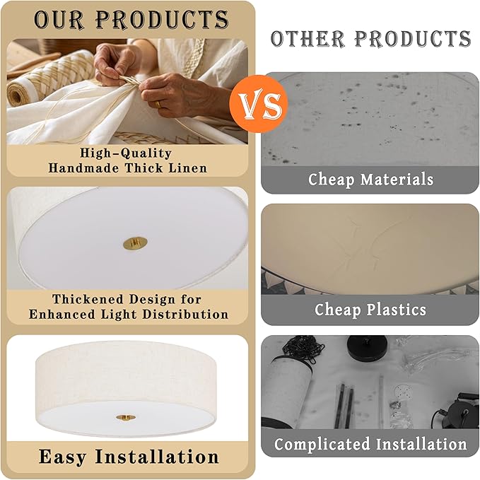 15.7 Inch Flush Mount Ceiling Light Fixture 3-Light Drum Modern Gold Ceiling Light Fixture Dimmable Close to Ceiling Light Fixture with Fabric Shade for Living Room Hallway Entryway Kitchen Bedroom