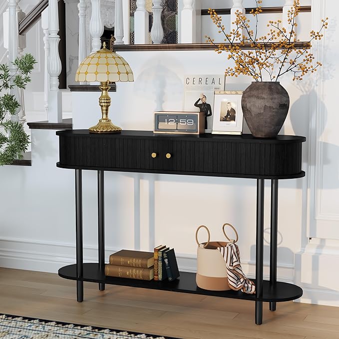ARTPOWER Modern Entryway Table with Wood Tambour Door, Accent Behind Couch Sofa Console with Storage, Fluted Side Table for Hallway, Living Room, Foyer, Black