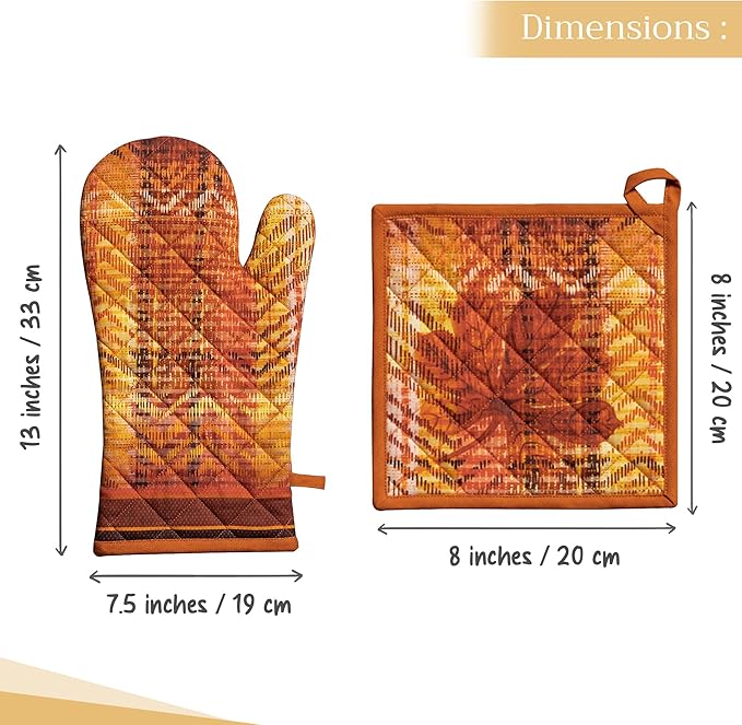 Maison d' Hermine 100% Cotton Oven Mitt & Pot Holder Set (7.5"x13" & 8"x8") Heat Resistant BBQ Cooking Gloves with Loop for Thanksgiving Christmas Decorations Handling Hot Pans (Thanksgiving Tartan)