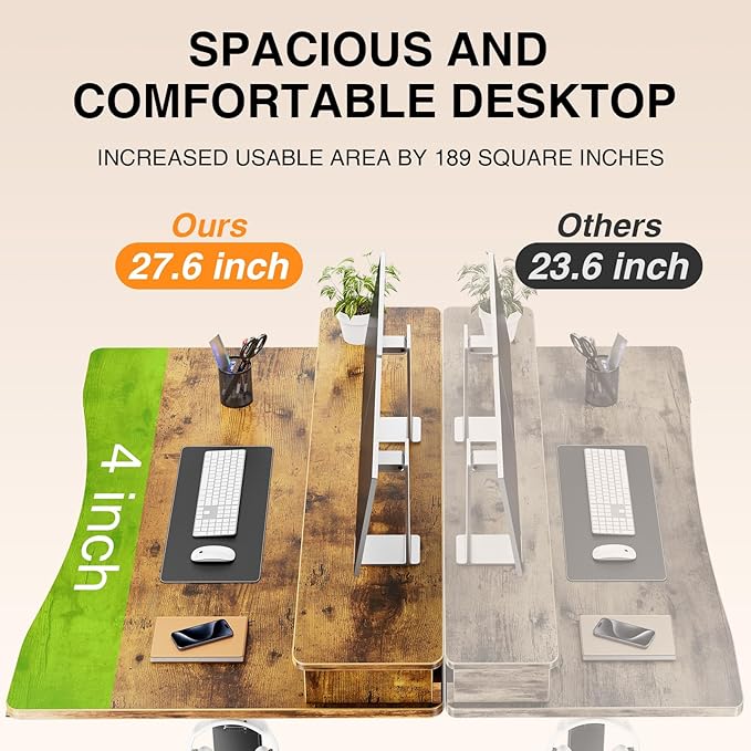 Veken 47.2"×27.6" Standing Desk with Storage Drawers, Adjustable Height Computer Table with Monitor Shelf, Home Office Desk for Study, Gaming, Workstation, Brown