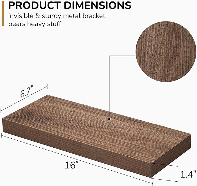 Fun Memories Floating Shelves - 16 Inch Wall Shelf for Decor & Storage - Wall Mounted Display Shelving with Invisible Heavy-Duty Metal Bracket 2Pack, Walnut