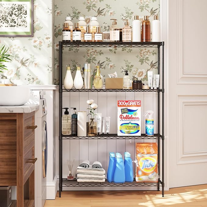 4-Tier Storage Shelves 35.4" L x 13.3" W x 53.7" H Metal Garage Shelves Standing Storage Shelf Adjustable Layer Racks with Steel Frame Suitable for Kitchen, Garage or Commercial Use (Black)