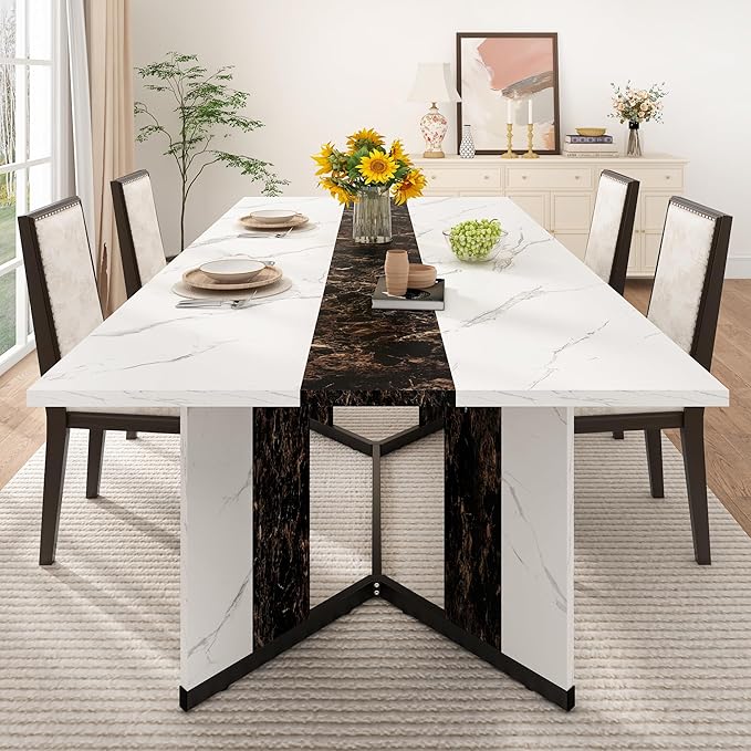 71 inch Dining Table for 4 5 6 | Modern White&Black Rectangular Kitchen Table W/Waterproof Wood Tabletop,Farmhouse Long Dining Room Tables W/Adjustable Legs&Wood Strip Base for Kitchen Living Room