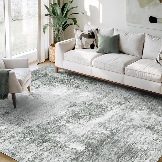 Abstract Washable Area Rug - 6x9 Large Living Room Rugs Soft Stain Resistant Non-Slip Low Pile Foldable Neutral Modern Carpet for Indoor Bedroom Dining Room Home Studio Office - Black/Grey