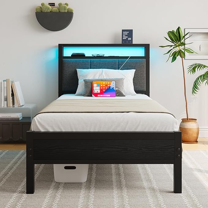 Twin Bed Frame with Charging Station and LED Lights,Upholstered Headboard with Storage Shelves,Heavy Duty Metal Slats, No Box Spring Needed,Noise Free, Easy Assembly,Black and Dark Grey