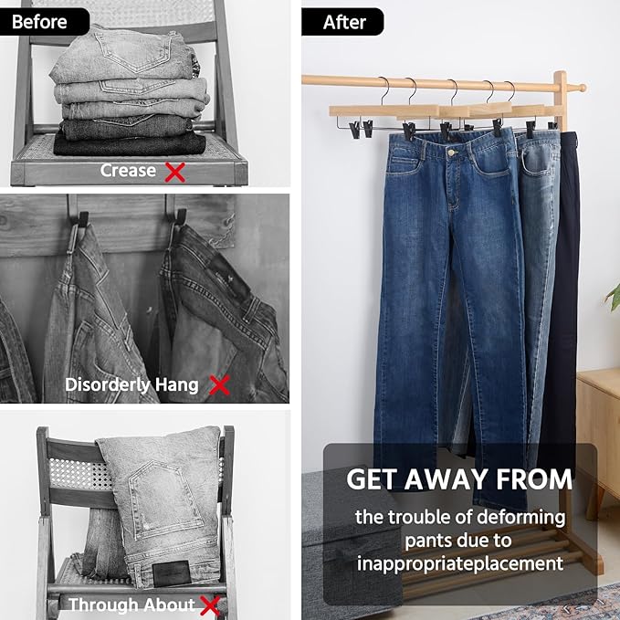 Nature Smile Deluxe Wooden Pants Hangers,Solid Rubber Wood Jeans Skirt Hanger with Black Adjustable Clips and Rotatable Hook Pack of 10(Natural Varnished)