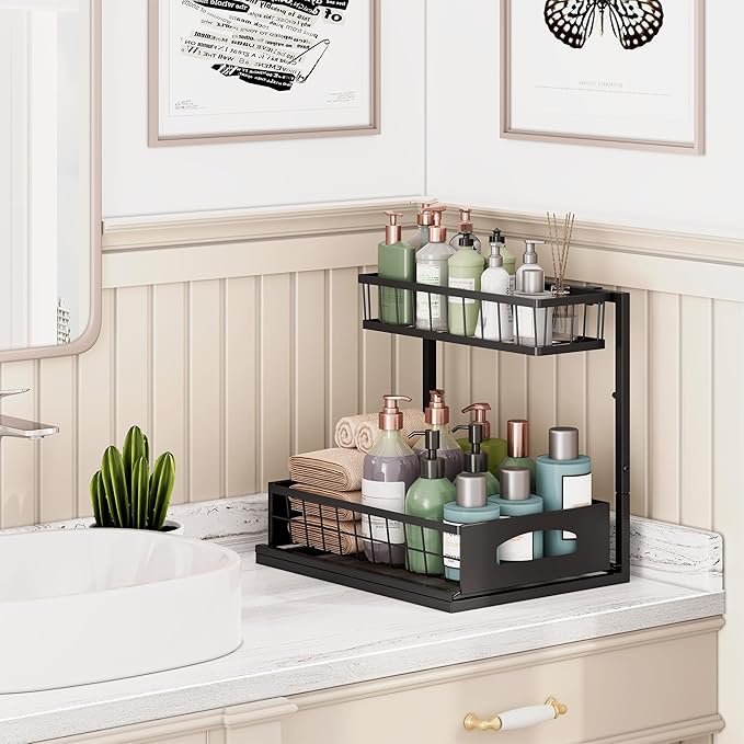 Under Sink Organizer and Storage, Height Adjustable Cabinet Organizer with Slide Out Drawer, Pull Out Under Sink Storage, Multi-Purpose 2 Tier Sink Shelves for Kitchen Bathroom Pantry (Black, 1 Pack)