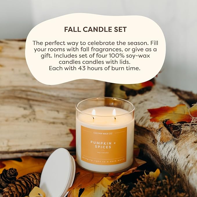 Calyan Wax Co. Fall 3 Wick Scented Candle Gift Set - 4 Luxury Autumn Scented Candles - 43 Hour Burn - 3 Wick Non Toxic Soy Wax Candles - Long Lasting Large Glass Jar Candle for Home - 14.9oz