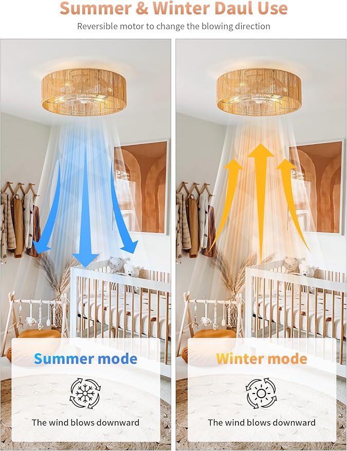 Ceiling Fans with Lights, 20" Boho Ceiling Fan with Light Flush Mount, Rattan Low rofile with 6 Speeds, Remote Control for Bedroom, Nursery, Living Room