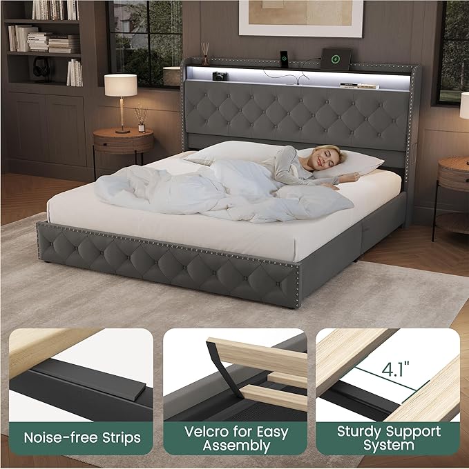 LARMACE King Bed Frame with 4 Storage Drawers and USB Charging Station Velvet Tufed Upholstered Platform Bed Frame with Headboard LED Light, Heavy Duty Platform/Noise Free, Easy Assembly, Grey