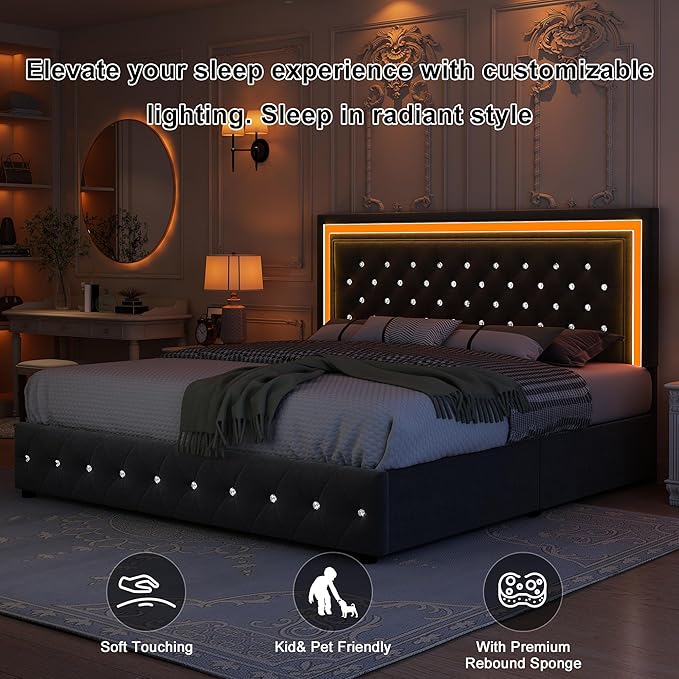 King Bed Frame with LED Lights, Storage Drawers, No Box Spring Needed, 900 lbs Capacity, Easy Assembly, Velvet Grey