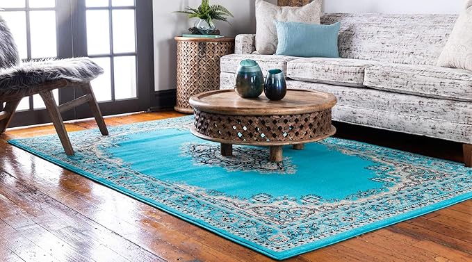 Unique Loom Reza Collection Traditional Persian Style Area Rug, 9 x 12 ft, Turquoise/Ivory