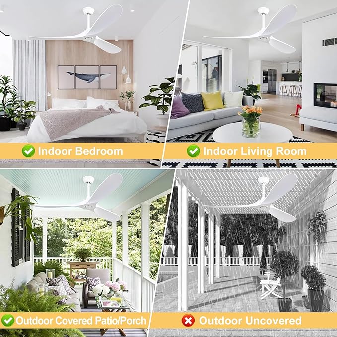 60 inch 3 blade ceiling fan without light, Noiseless Reversible DC Motor Ceiling Fan Without Light for Farmhouse Patio Living Room Bedroom, Indoor Outdoor Ceiling Fan with Remote-white