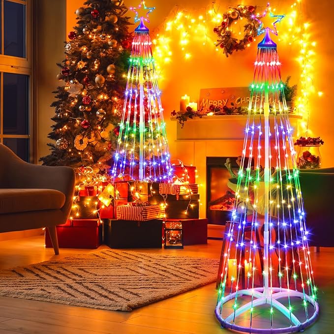 2 Pack 6ft Outdoor Christmas LED Cone Tree Lights Decorations 24 Modes Color Changing with Timer Foldable Lighted Yard Trees Waterproof String Lights Holiday Decor for Christmas New Year Xmas