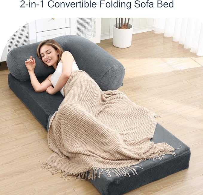 COMAX Folding Sofa Bed Single, Fold Out Chair Bed, Foldable Sofa Chair, Convertible Sleeper Futon for Adults, Floor Couch Mattress for Small Spaces Bedroom Living Room Guest Room, Faux Fur Dark Grey