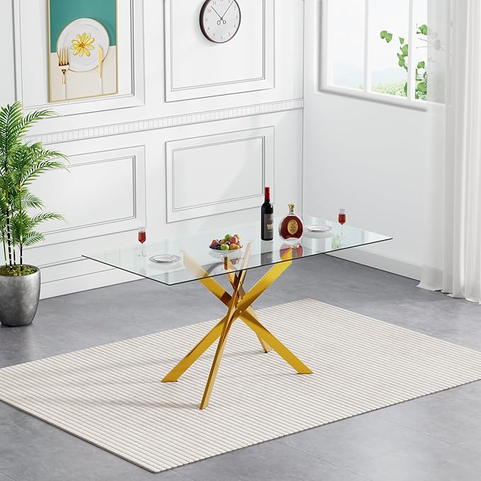 51" Rectangular Glass Dining Room Table for 4 with Tempered Glass Top and Gold Metal Legs, Modern Clear Kitchen and Dinner Table for Home Office Dining Room
