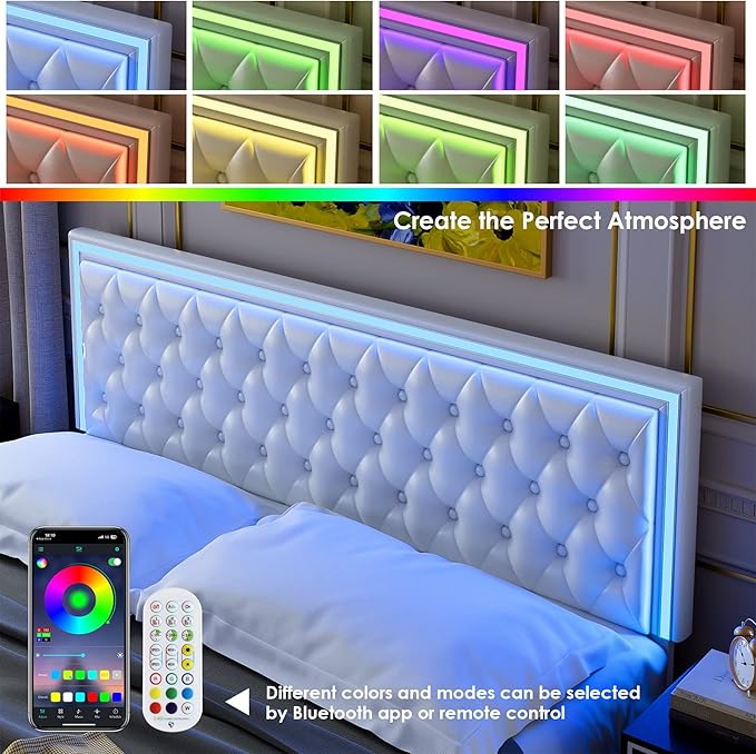 Keyluv Full Upholstered LED Bed Frame with 4 Drawers, Pu Leather Platform Storage Bed with Adjustable Button Tufted Headboard and Solid Wooden Slats Support, No Box Spring Needed, White